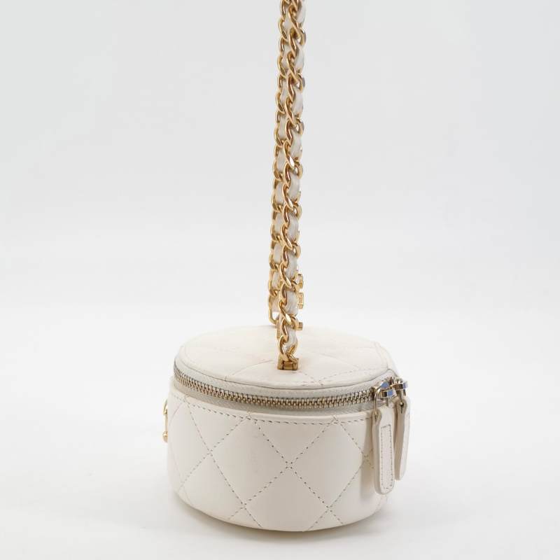 Chanel Micro Pearl Handle Vanity Case White Quilted Lambskin Gold Hardware