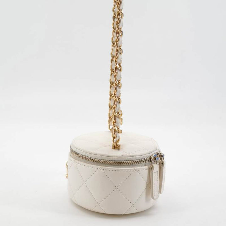 Chanel Micro Pearl Handle Vanity Case White Quilted Lambskin Gold Hardware