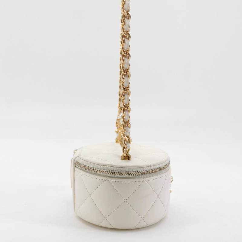 Chanel Micro Pearl Handle Vanity Case White Quilted Lambskin Gold Hardware