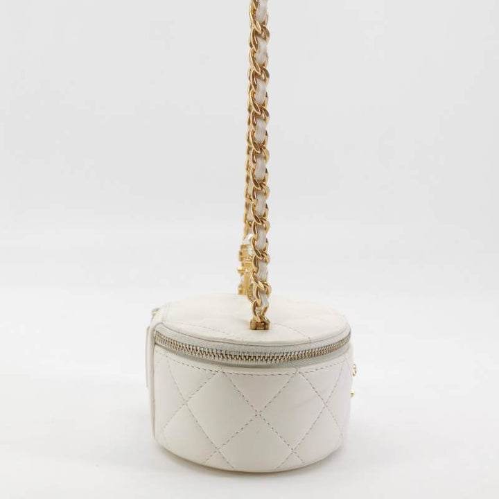 Chanel Micro Pearl Handle Vanity Case White Quilted Lambskin Gold Hardware