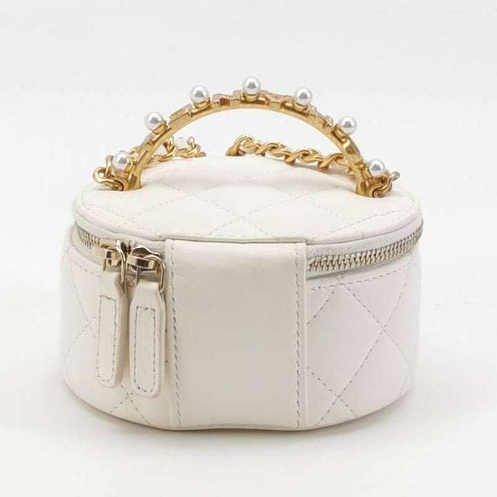 Chanel Micro Pearl Handle Vanity Case White Quilted Lambskin Gold Hardware