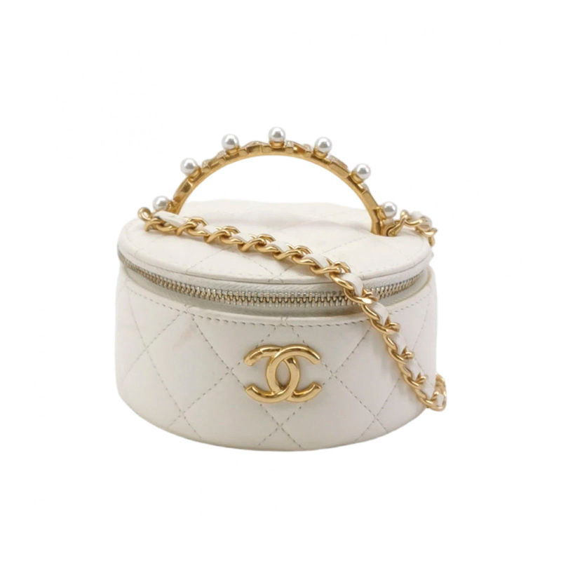 Chanel Micro Pearl Handle Vanity Case White Quilted Lambskin Gold Hardware