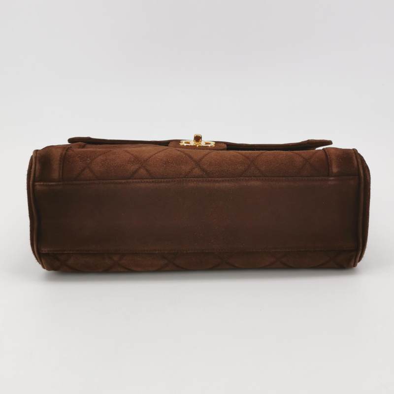 Chanel Large CC Quilted Suede Top Handle Flap Bag Brown Gold Hardware