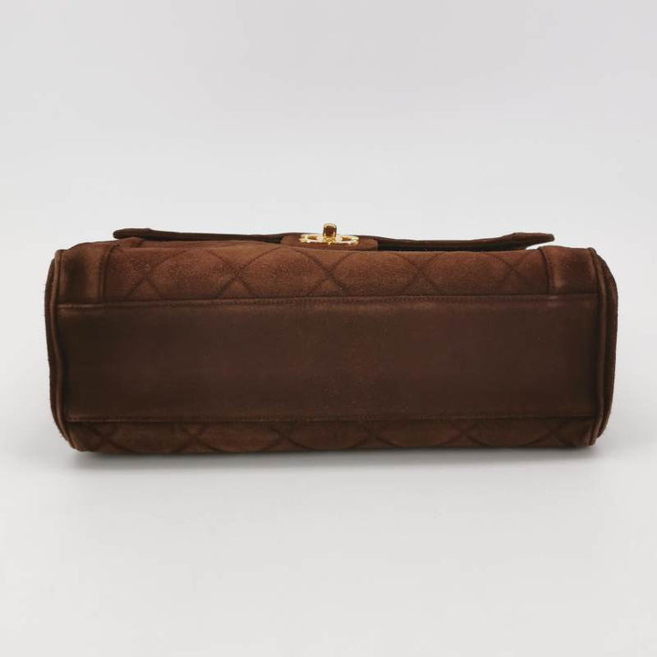 Chanel Large CC Quilted Suede Top Handle Flap Bag Brown Gold Hardware