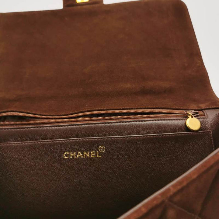 Chanel Large CC Quilted Suede Top Handle Flap Bag Brown Gold Hardware