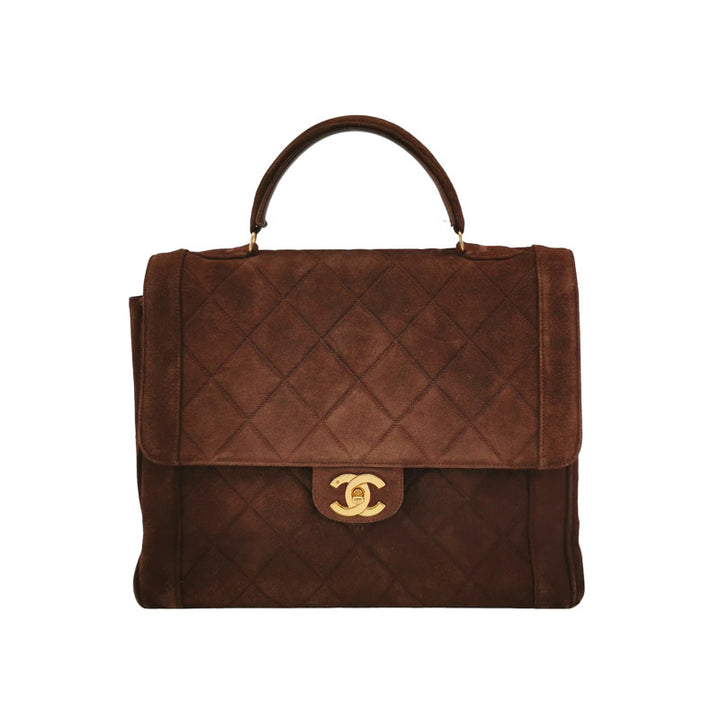 Chanel Large CC Quilted Suede Top Handle Flap Bag Brown Gold Hardware