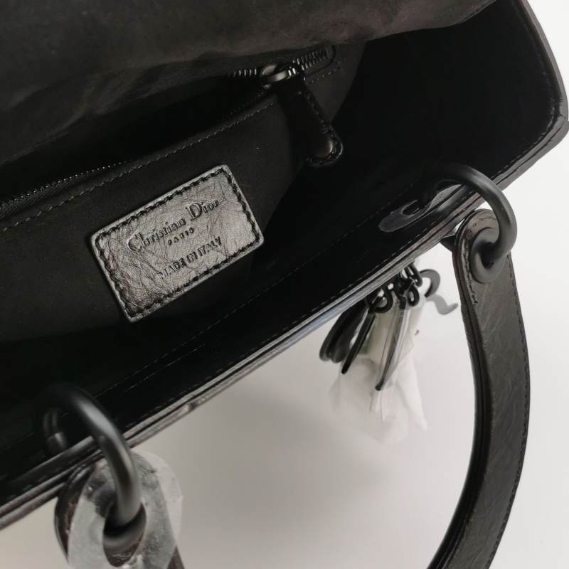 Dior Medium Lady Dior Bag Black and White Eiffel Tower Crinkled Calfskin Black Hardware