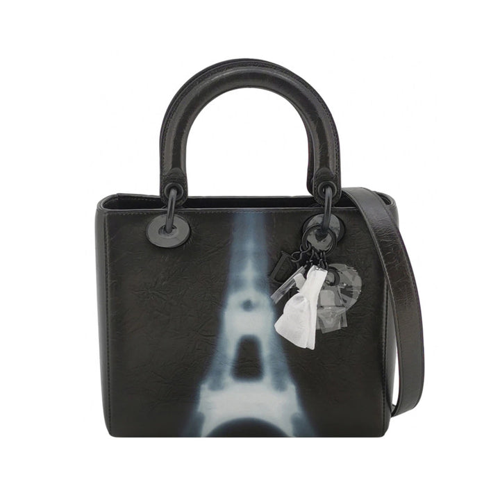 Dior Medium Lady Dior Bag Black and White Eiffel Tower Crinkled Calfskin Black Hardware