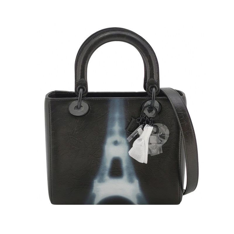 Dior Medium Lady Dior Bag Black and White Eiffel Tower Crinkled Calfskin Black Hardware
