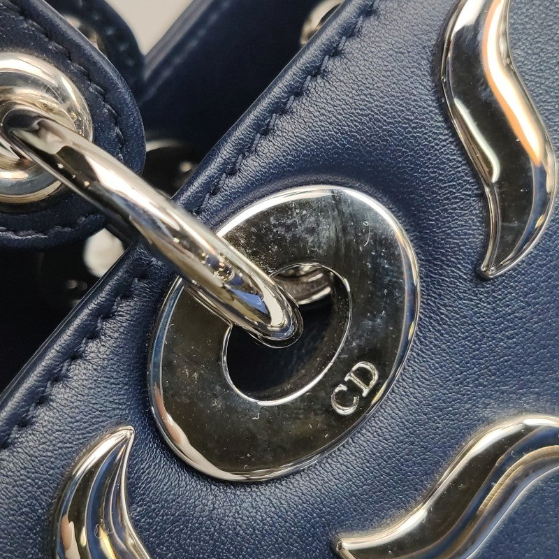 Dior Medium Lady Dior Bag Navy Smooth Calfskin Metal Embellished Silver Hardware