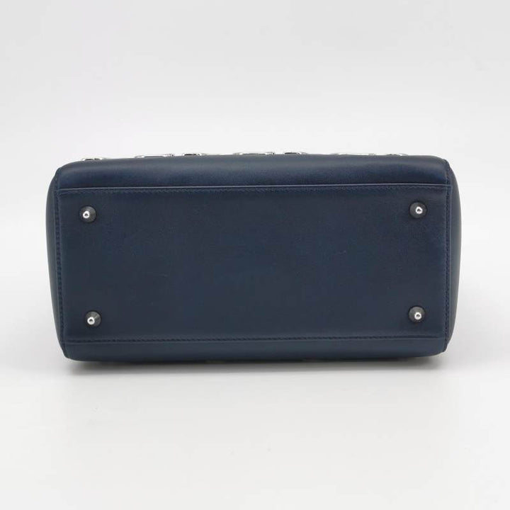 Dior Medium Lady Dior Bag Navy Smooth Calfskin Metal Embellished Silver Hardware