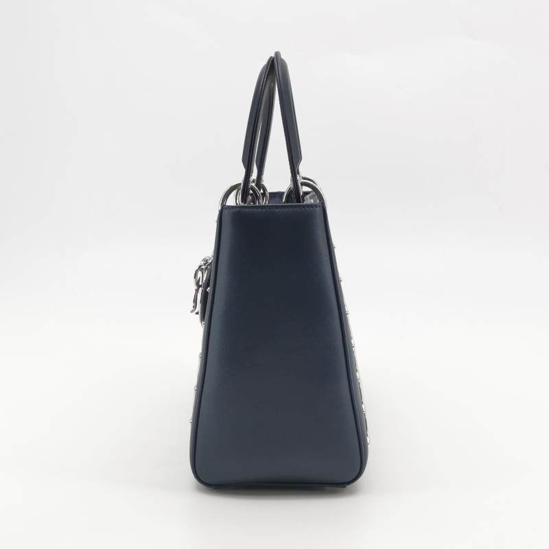 Dior Medium Lady Dior Bag Navy Smooth Calfskin Metal Embellished Silver Hardware
