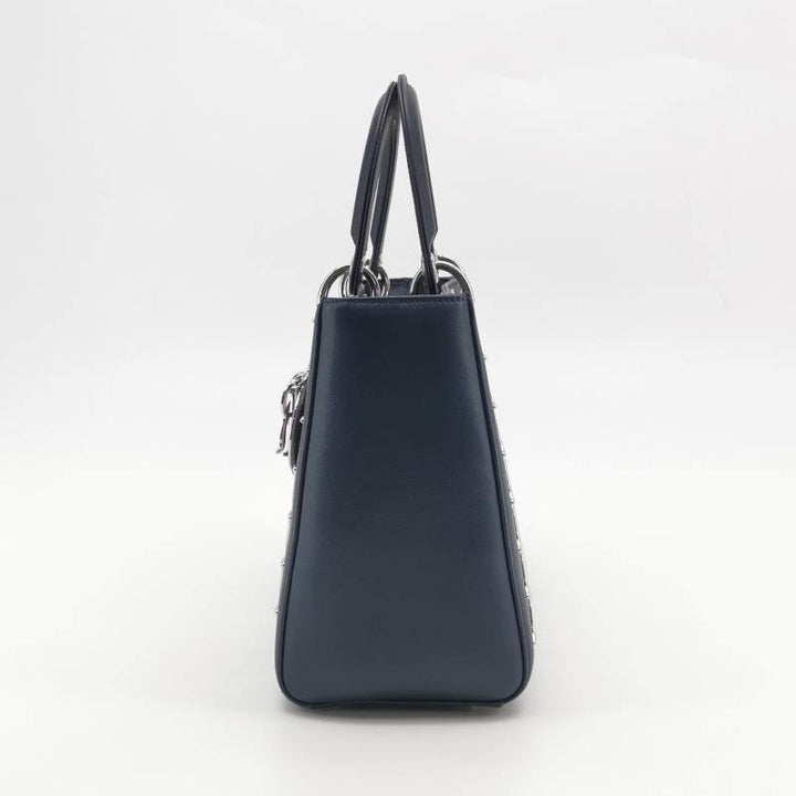 Dior Medium Lady Dior Bag Navy Smooth Calfskin Metal Embellished Silver Hardware