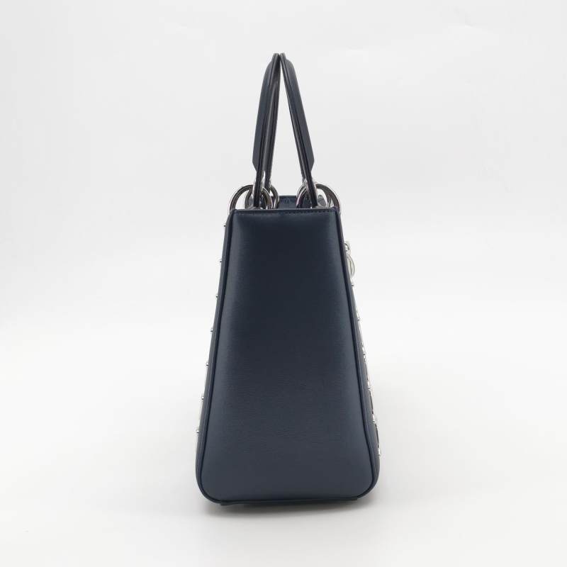 Dior Medium Lady Dior Bag Navy Smooth Calfskin Metal Embellished Silver Hardware