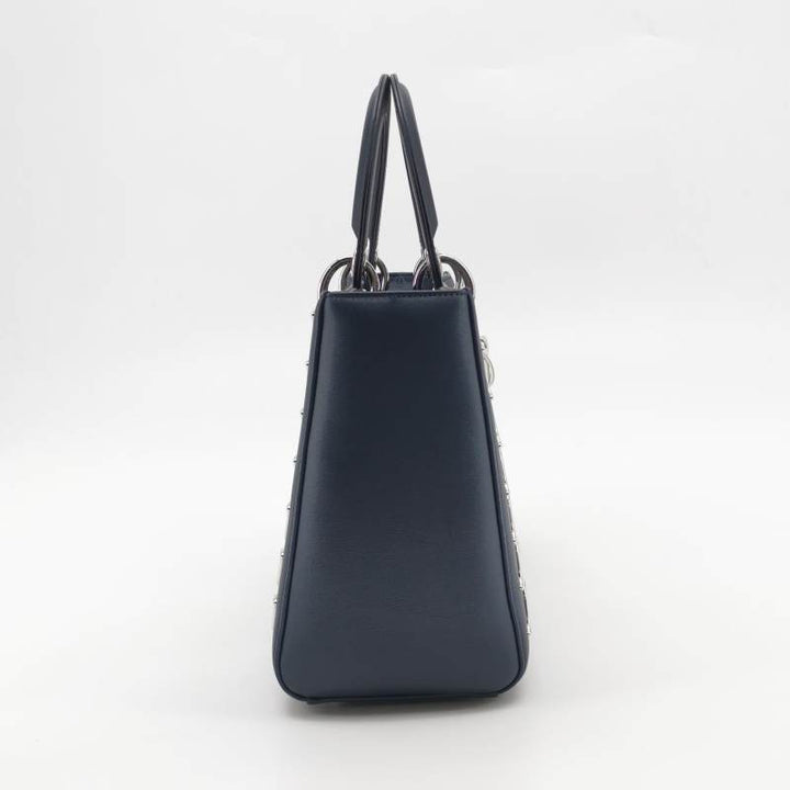 Dior Medium Lady Dior Bag Navy Smooth Calfskin Metal Embellished Silver Hardware