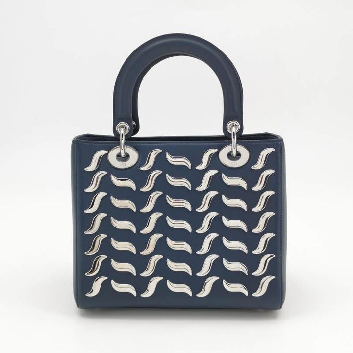 Dior Medium Lady Dior Bag Navy Smooth Calfskin Metal Embellished Silver Hardware