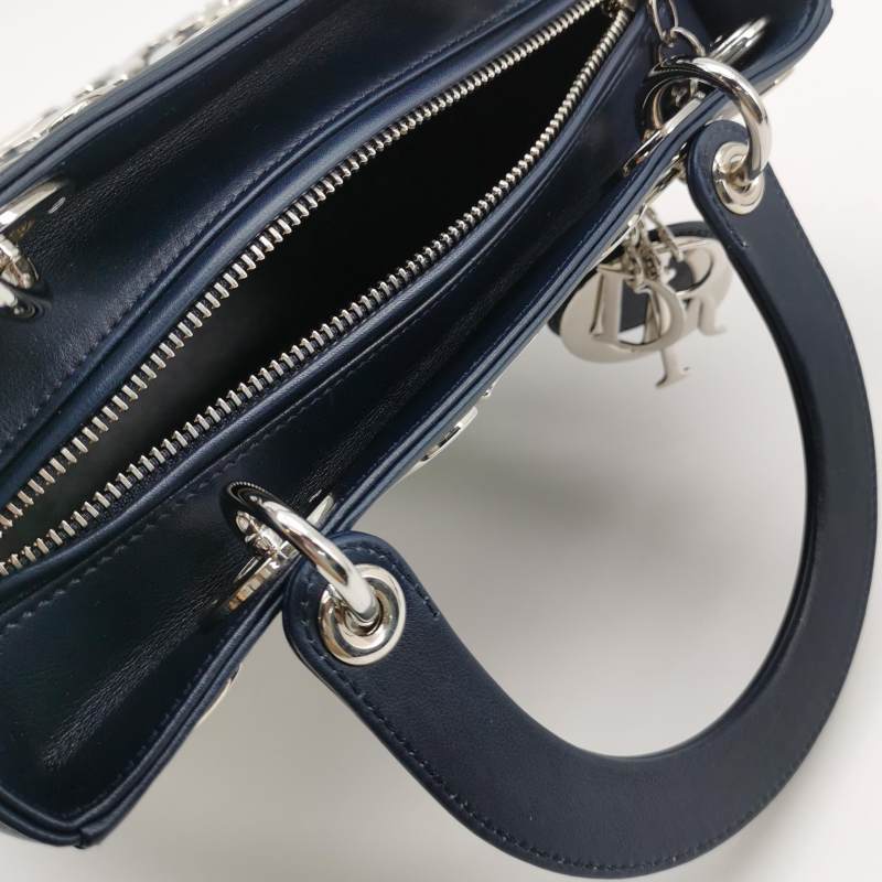 Dior Medium Lady Dior Bag Navy Smooth Calfskin Metal Embellished Silver Hardware