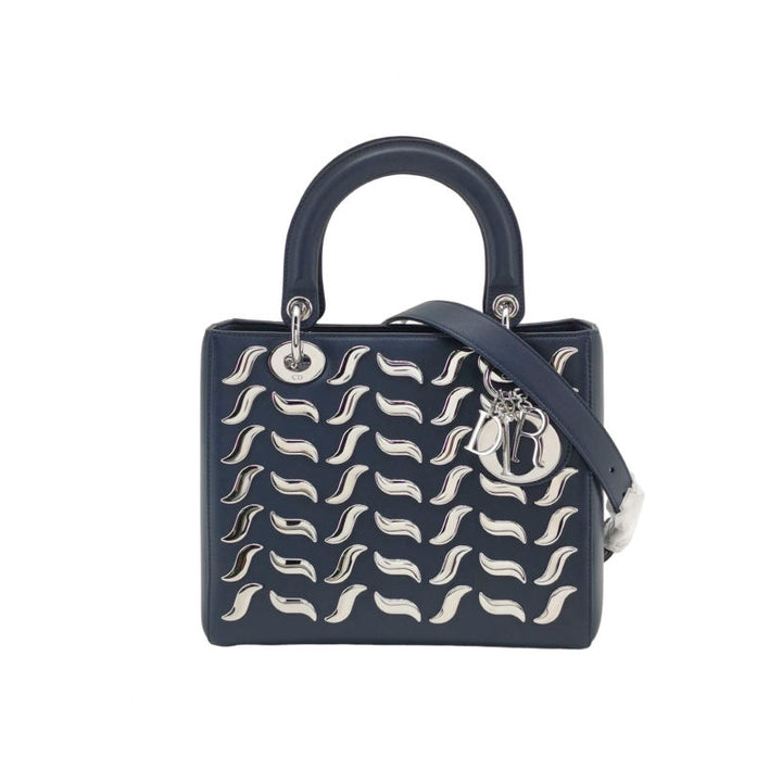 Dior Medium Lady Dior Bag Navy Smooth Calfskin Metal Embellished Silver Hardware