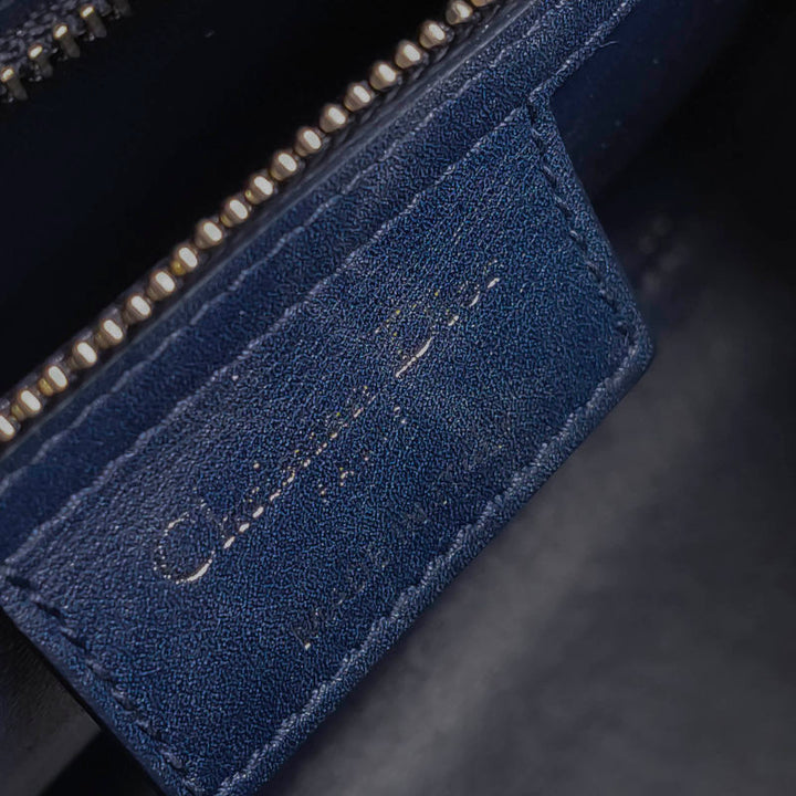 Dior Medium Lady Dior Bag Navy Smooth Calfskin Metal Embellished Silver Hardware