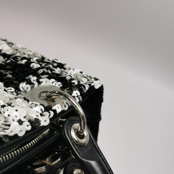 Dior Medium Lady Dior Bag Black and White Sequin Embellished Lambskin Silver Hardware