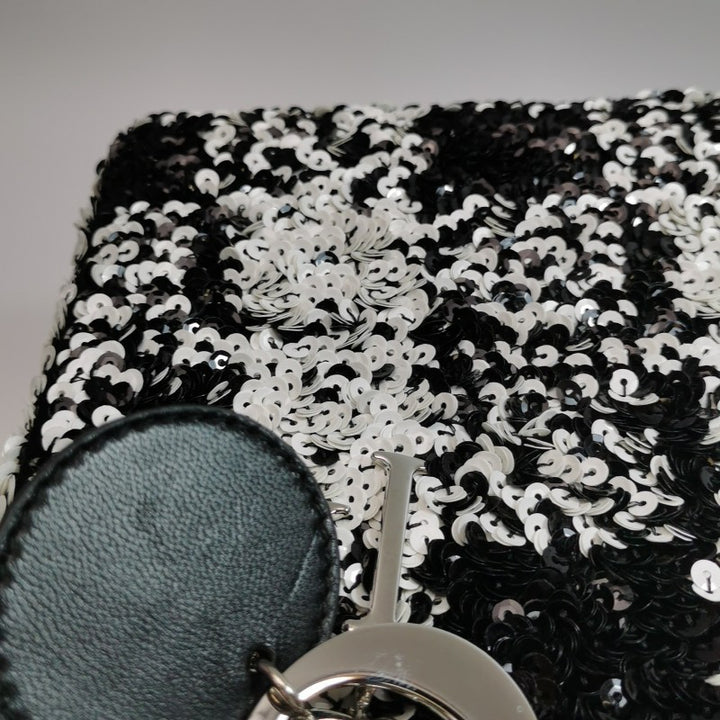Dior Medium Lady Dior Bag Black and White Sequin Embellished Lambskin Silver Hardware