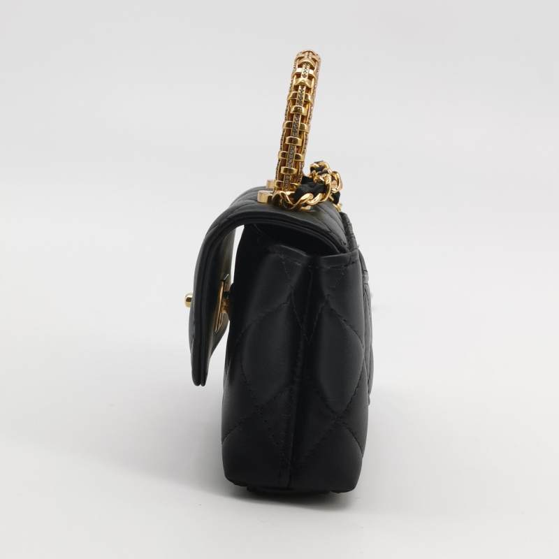 Chanel Crystal Top Handle Extra Mini Flap Bag Black Quilted Lambskin Gold Hardware