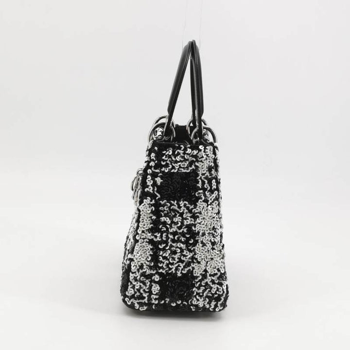 Dior Medium Lady Dior Bag Black and White Sequin Embellished Lambskin Silver Hardware