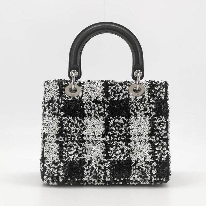 Dior Medium Lady Dior Bag Black and White Sequin Embellished Lambskin Silver Hardware