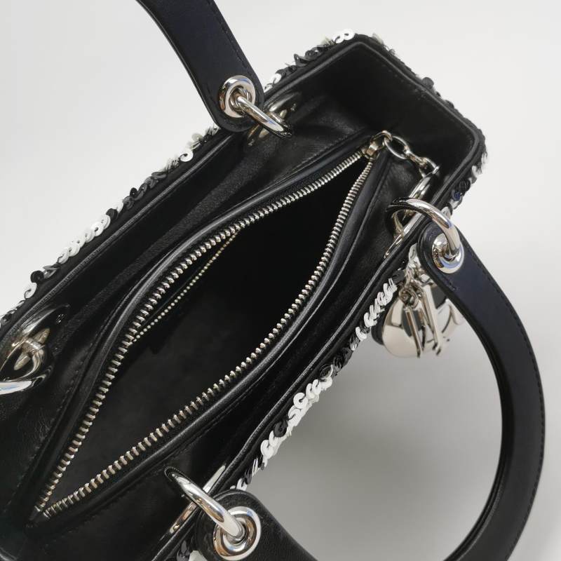 Dior Medium Lady Dior Bag Black and White Sequin Embellished Lambskin Silver Hardware