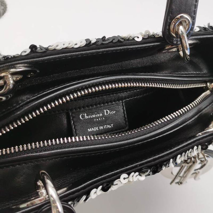 Dior Medium Lady Dior Bag Black and White Sequin Embellished Lambskin Silver Hardware