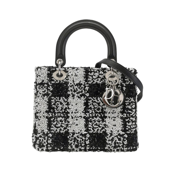 Dior Medium Lady Dior Bag Black and White Sequin Embellished Lambskin Silver Hardware