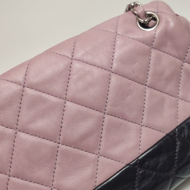 Chanel Bi-Colour Medium Single Flap Bag Light Pink and Black Quilted Lambskin Silver Hardware