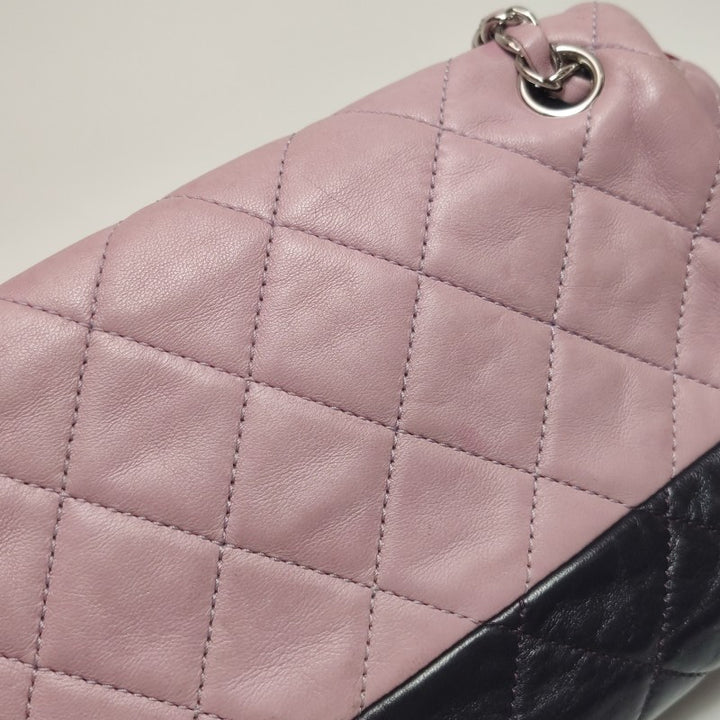 Chanel Bi-Colour Medium Single Flap Bag Light Pink and Black Quilted Lambskin Silver Hardware