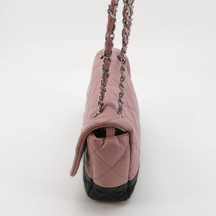 Chanel Bi-Colour Medium Single Flap Bag Light Pink and Black Quilted Lambskin Silver Hardware