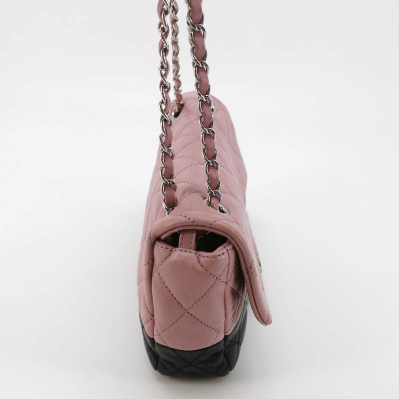 Chanel Bi-Colour Medium Single Flap Bag Light Pink and Black Quilted Lambskin Silver Hardware