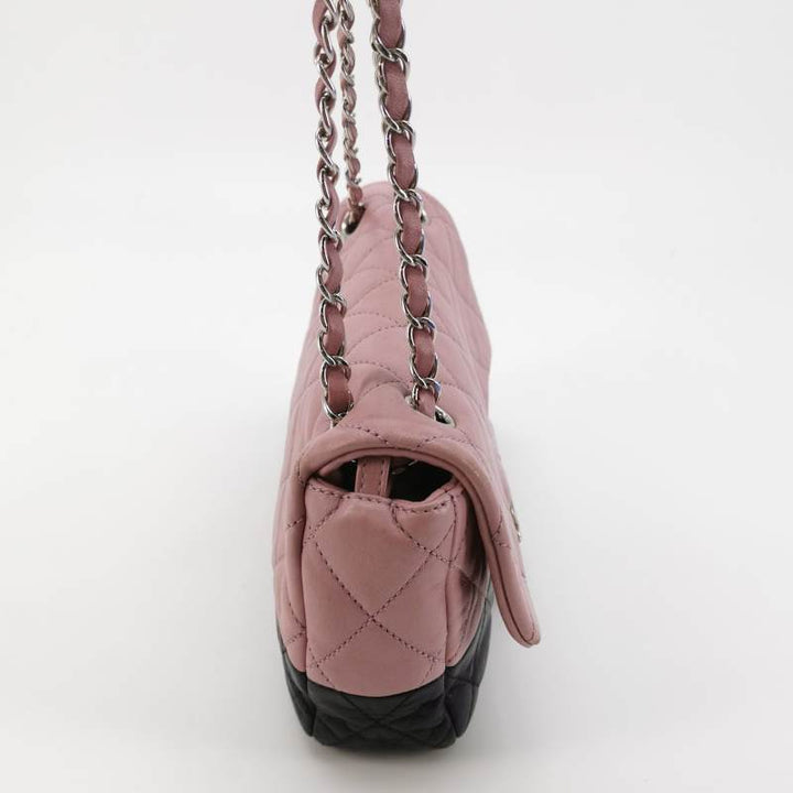 Chanel Bi-Colour Medium Single Flap Bag Light Pink and Black Quilted Lambskin Silver Hardware