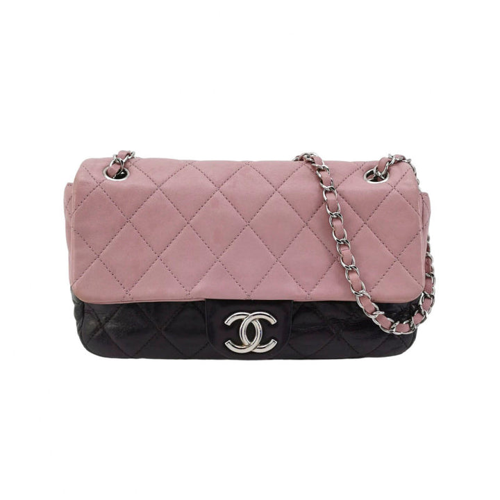 Chanel Bi-Colour Medium Single Flap Bag Light Pink and Black Quilted Lambskin Silver Hardware