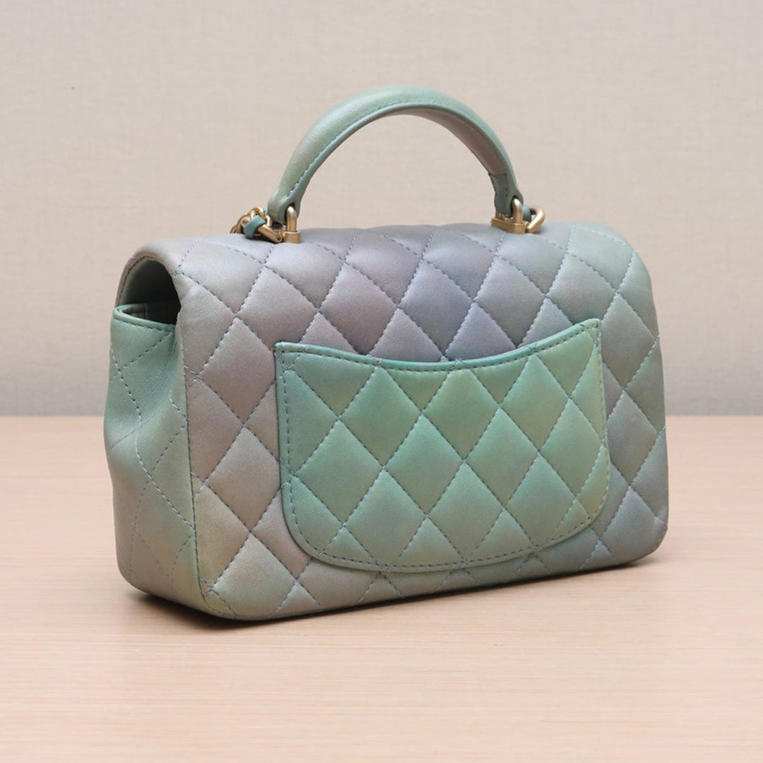 Chanel Lambskin Quilted Ombre Mini Top Handle Rectangular Flap Blue Green