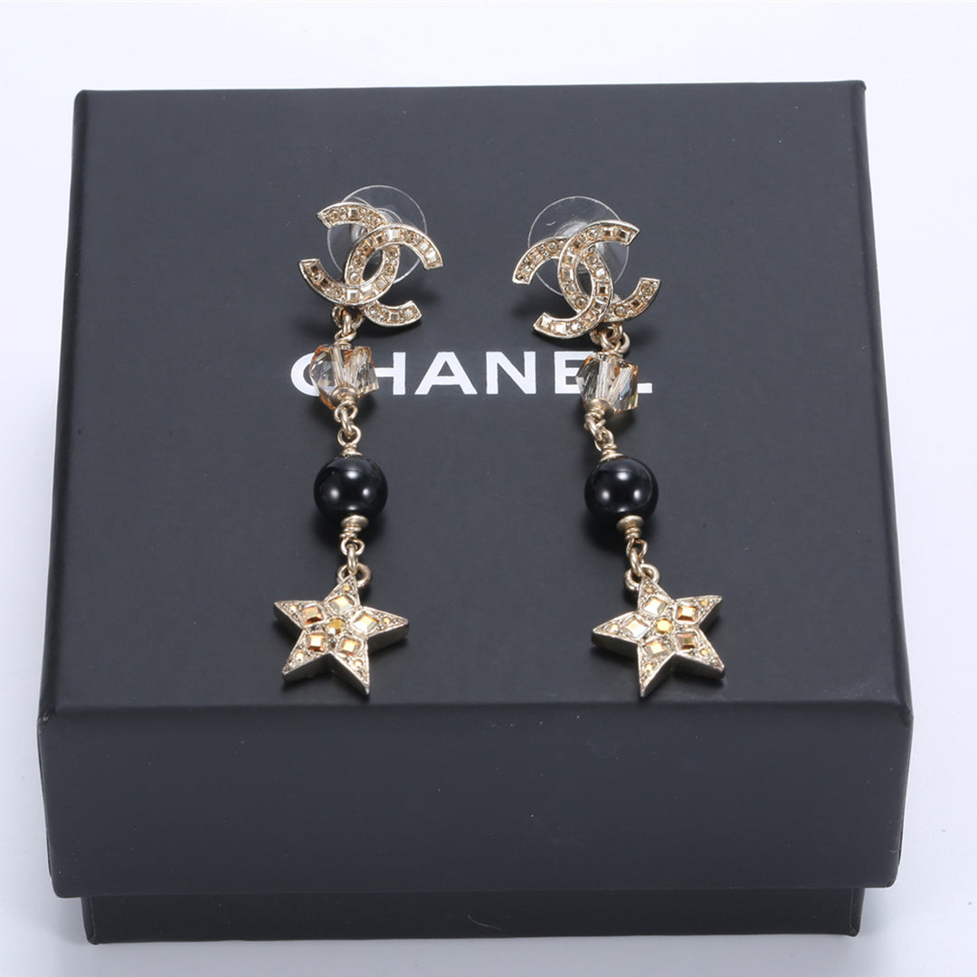 Chanel CC Star Drop Dangle Earrings Metal with Crystals and Beads