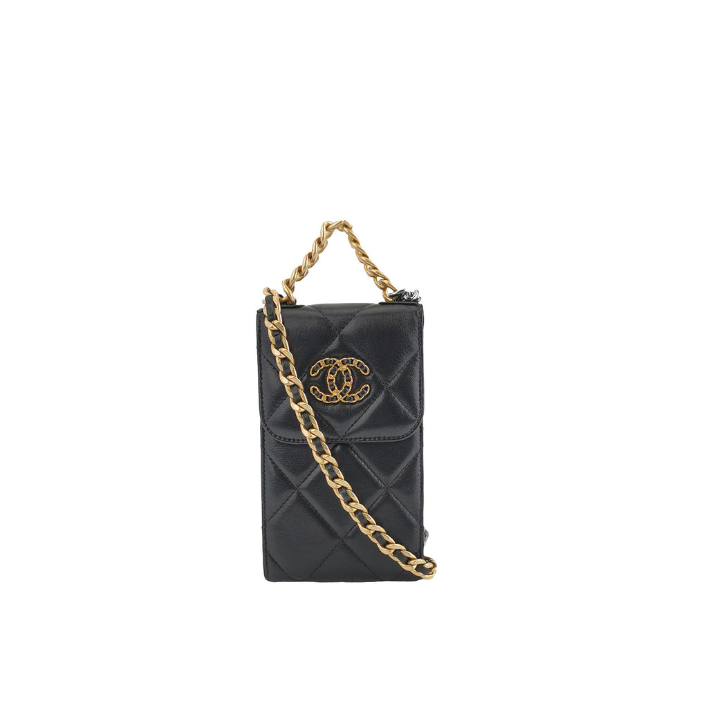 CHANEL Lambskin Quilted Chanel 19 Phone Holder With Chain Black