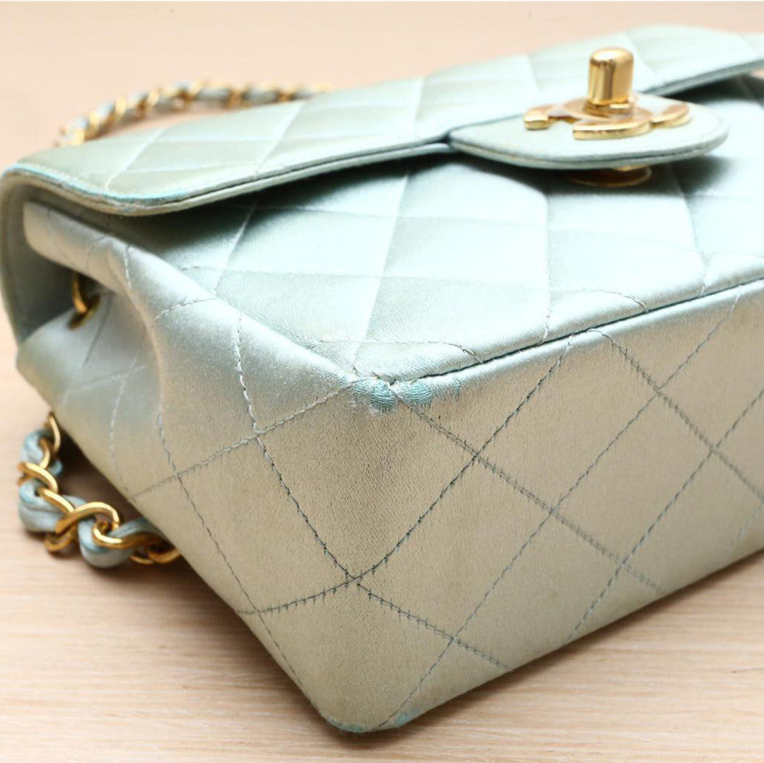 Chanel Vintage Mint Green Satin Gold Hardware Square Chain Bag