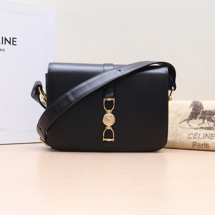 Celine Vintage Classic Caleche In Black Leather Box Bag