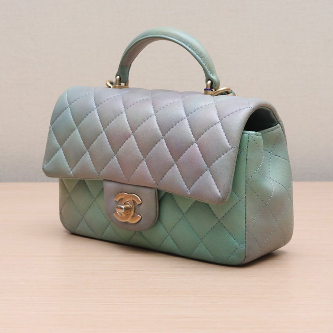 Chanel Lambskin Quilted Ombre Mini Top Handle Rectangular Flap Blue Green