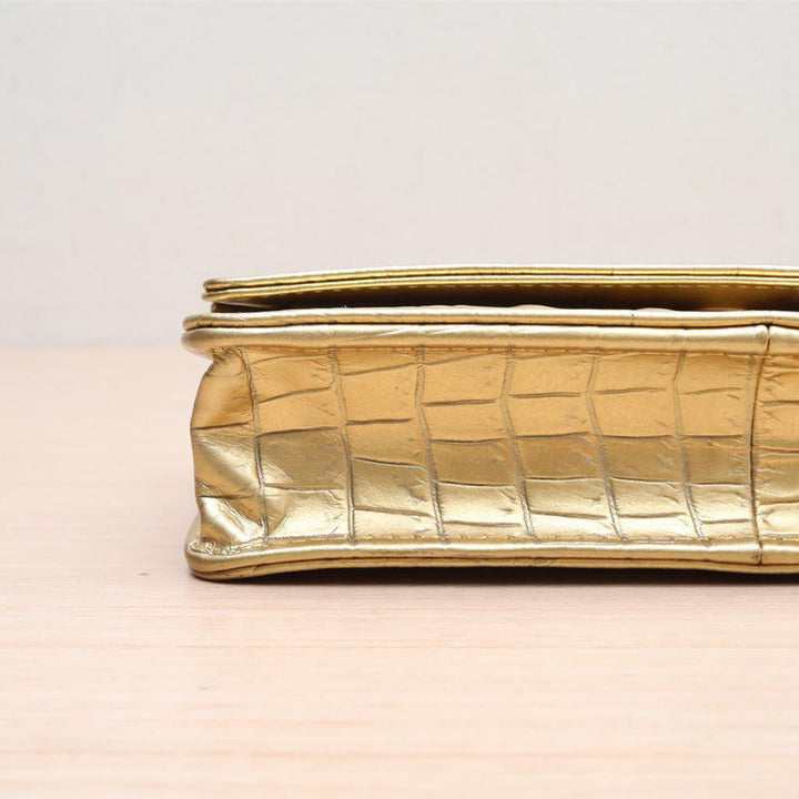 Chanel Metallic Calfskin Crocodile Embossed Wallet On Chain WOC Gold