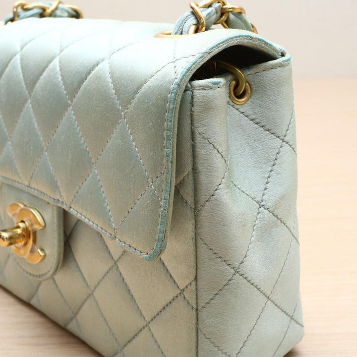 Chanel Vintage Mint Green Satin Gold Hardware Square Chain Bag