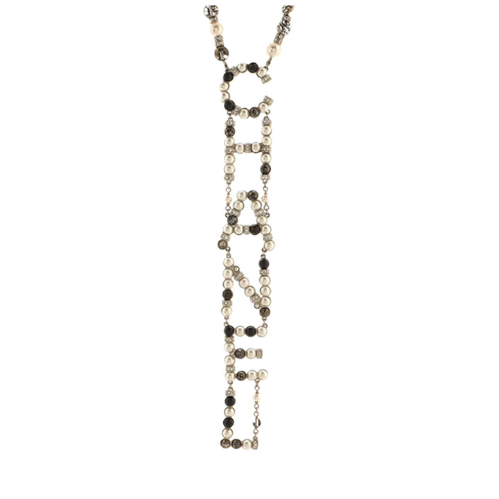 Chanel Logo Lariat Necklace Metal With Crystals Faux Pearl And Beads