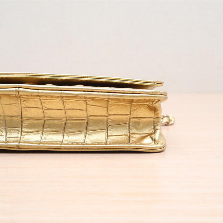 Chanel Metallic Calfskin Crocodile Embossed Wallet On Chain WOC Gold