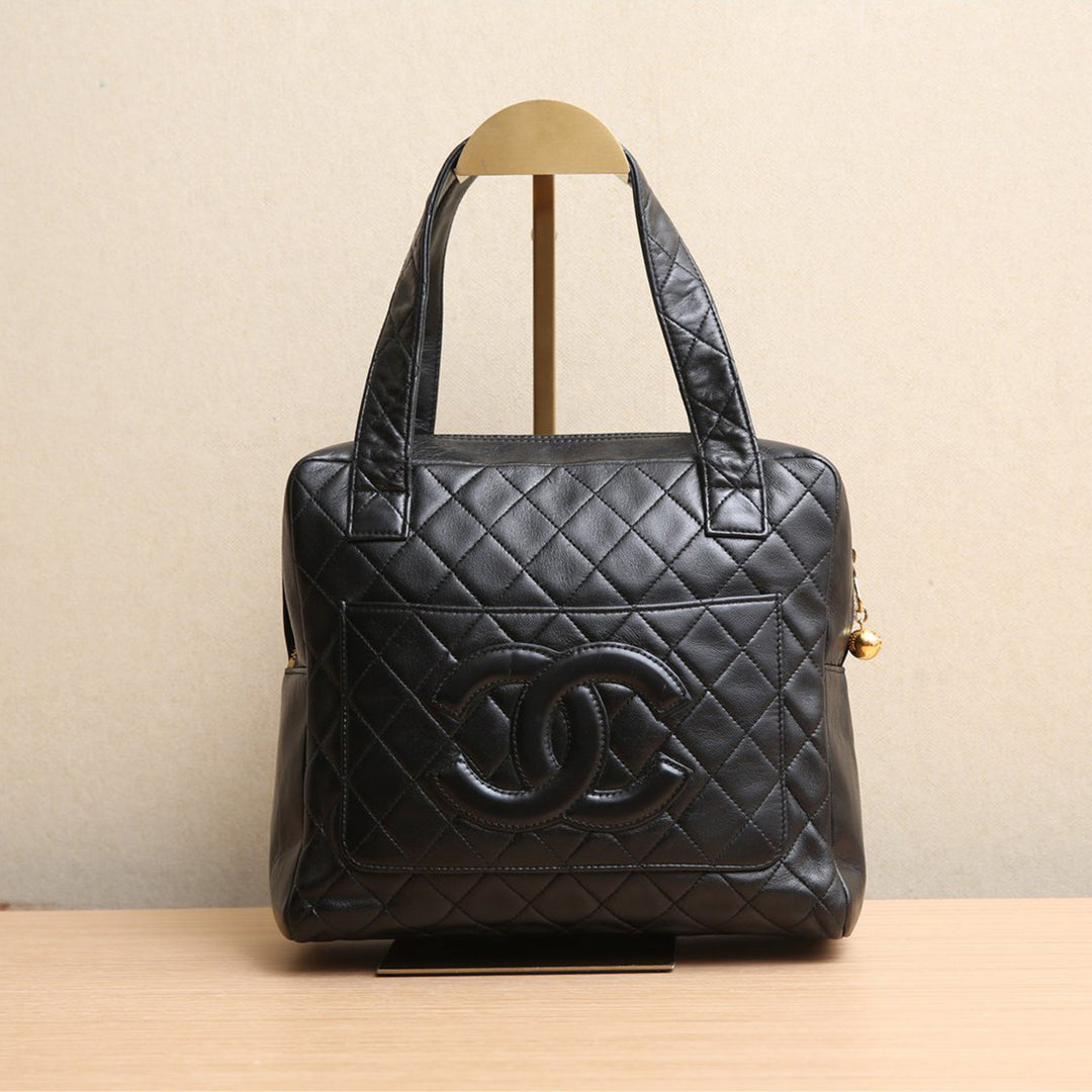 Chanel Vintage Rare Black Lambskin CC Logo Top Handle Tote Bag