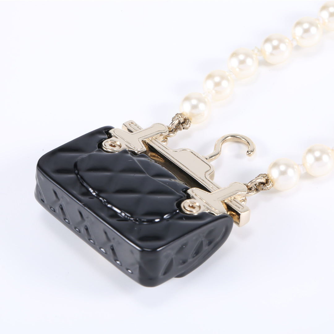 Chanel Pearl Metal Resin Quilted Flap Bag Necklace Gold Black Pearly White