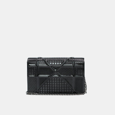 Dior Metallic Black / Grey Micro Cannage Patent Leather Diorama Wallet On Chain Bag
